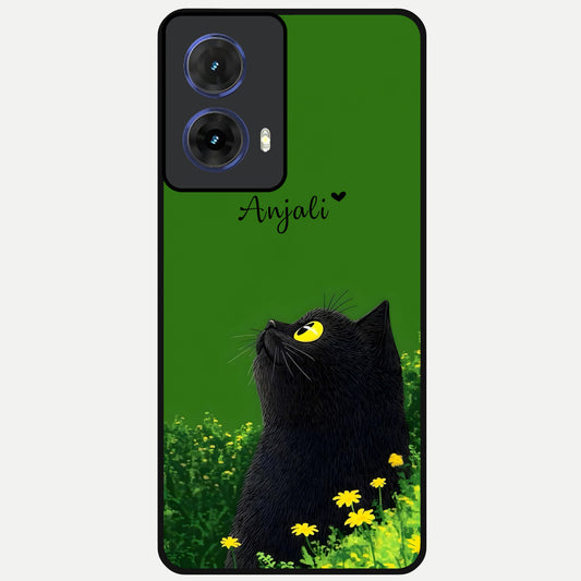  Emerald Cat Custom Name Glass Case For Moto G85 back cover – full design glossy printed glass finish