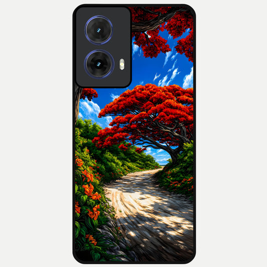  Red Trees Pathway Glass Case For Moto G85 back cover – full design glossy printed glass finish