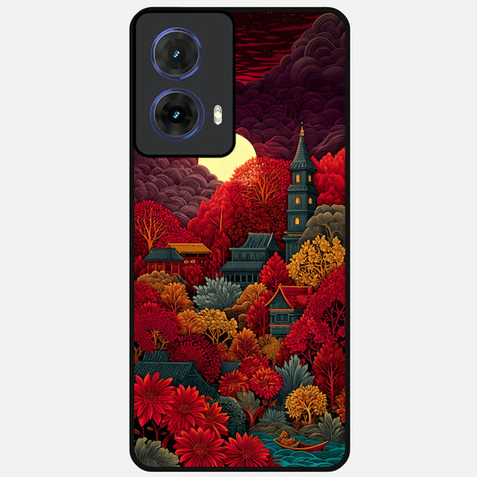  Scarlet Autumn Temple Glass Case For Moto G85 back cover – full design glossy printed glass finish