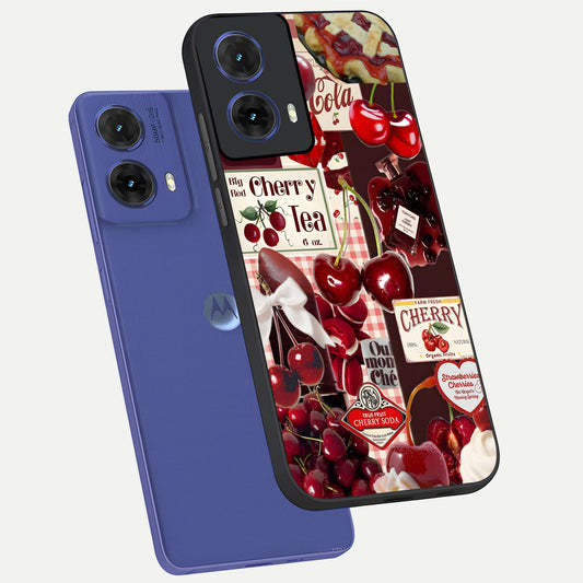  Aesthetic Cherry Tea phone case For Moto G85 showing premium glass back cover with detailed artwork