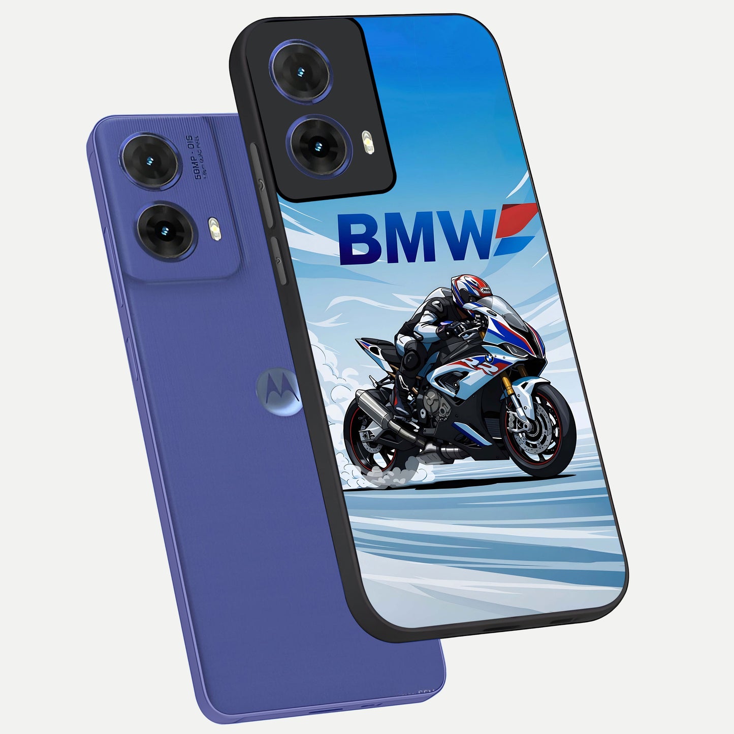  BMW Power Drift phone case For Moto G85 showing premium glass back cover with detailed artwork
