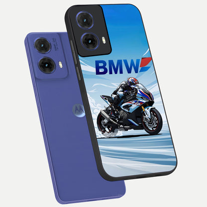  BMW Power Drift phone case For Moto G85 showing premium glass back cover with detailed artwork