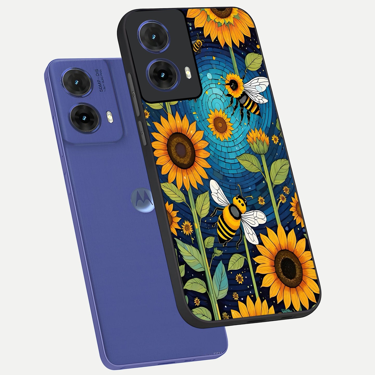  Bees And Sunflowers phone case For Moto G85 showing premium glass back cover with detailed artwork
