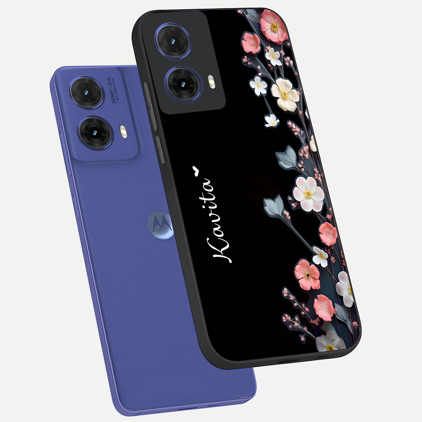  Black Elegance Floral Custom Name phone case For Moto G85 showing premium glass back cover with detailed artwork