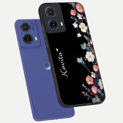  Black Elegance Floral Custom Name phone case For Moto G85 showing premium glass back cover with detailed artwork