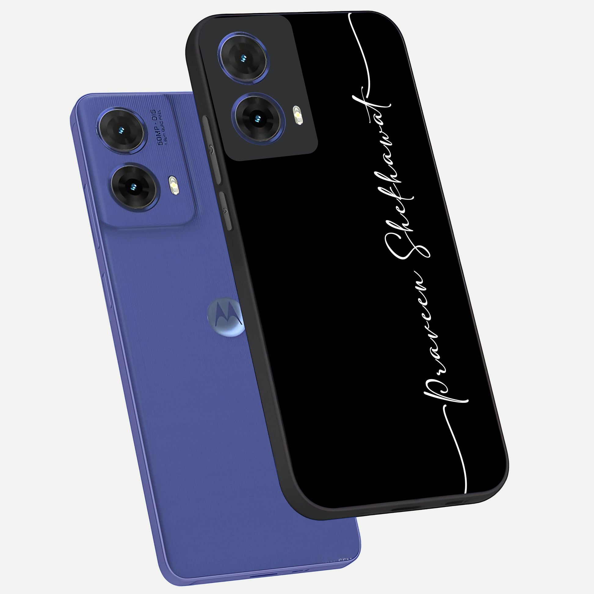 Black Tune Custom Name phone case For Moto G85 showing premium glass back cover with detailed artwork