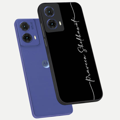  Black Tune Custom Name phone case For Moto G85 showing premium glass back cover with detailed artwork
