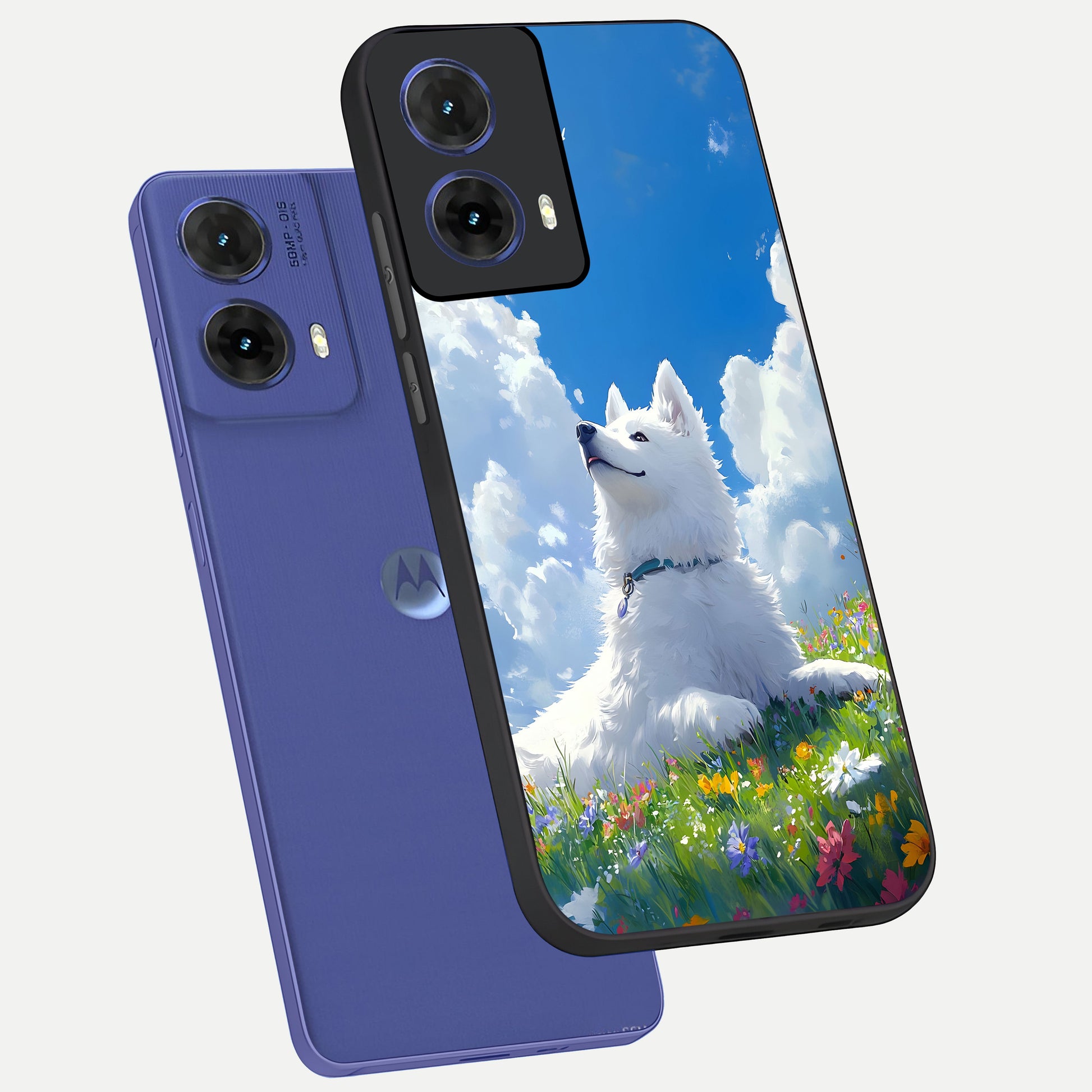  Blissful Cloud Pup phone case For Moto G85 showing premium glass back cover with detailed artwork
