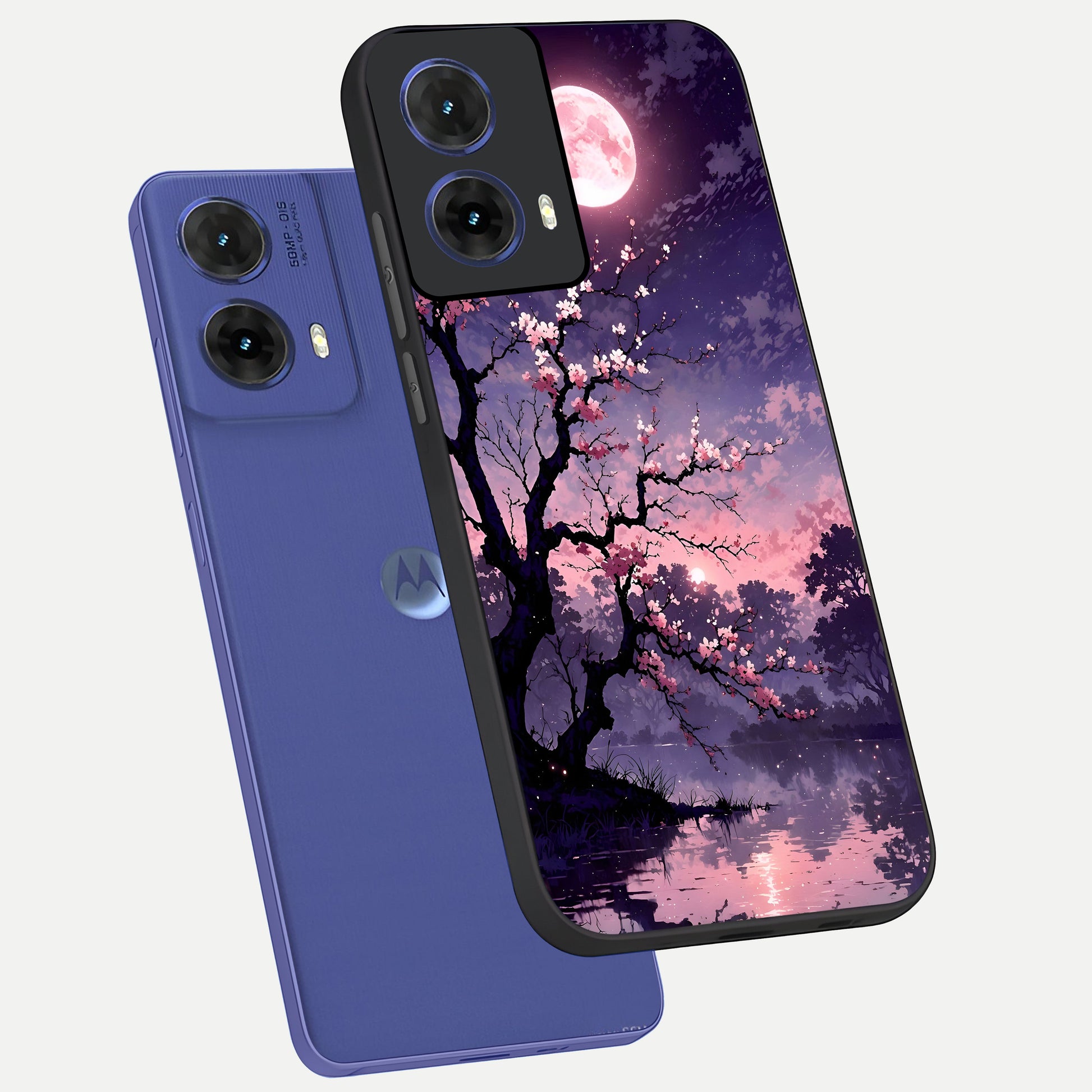  Blossom Pink Moon phone case For Moto G85 showing premium glass back cover with detailed artwork