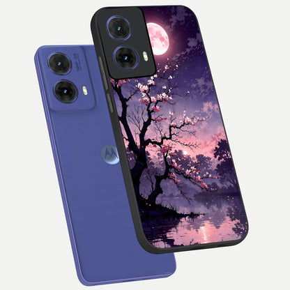  Blossom Pink Moon phone case For Moto G85 showing premium glass back cover with detailed artwork