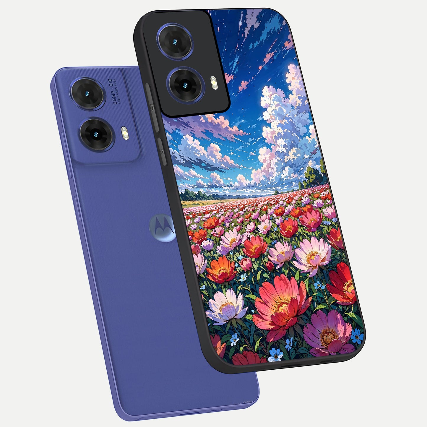  Blossom Sky Field phone case For Moto G85 showing premium glass back cover with detailed artwork