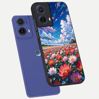  Blossom Sky Field phone case For Moto G85 showing premium glass back cover with detailed artwork