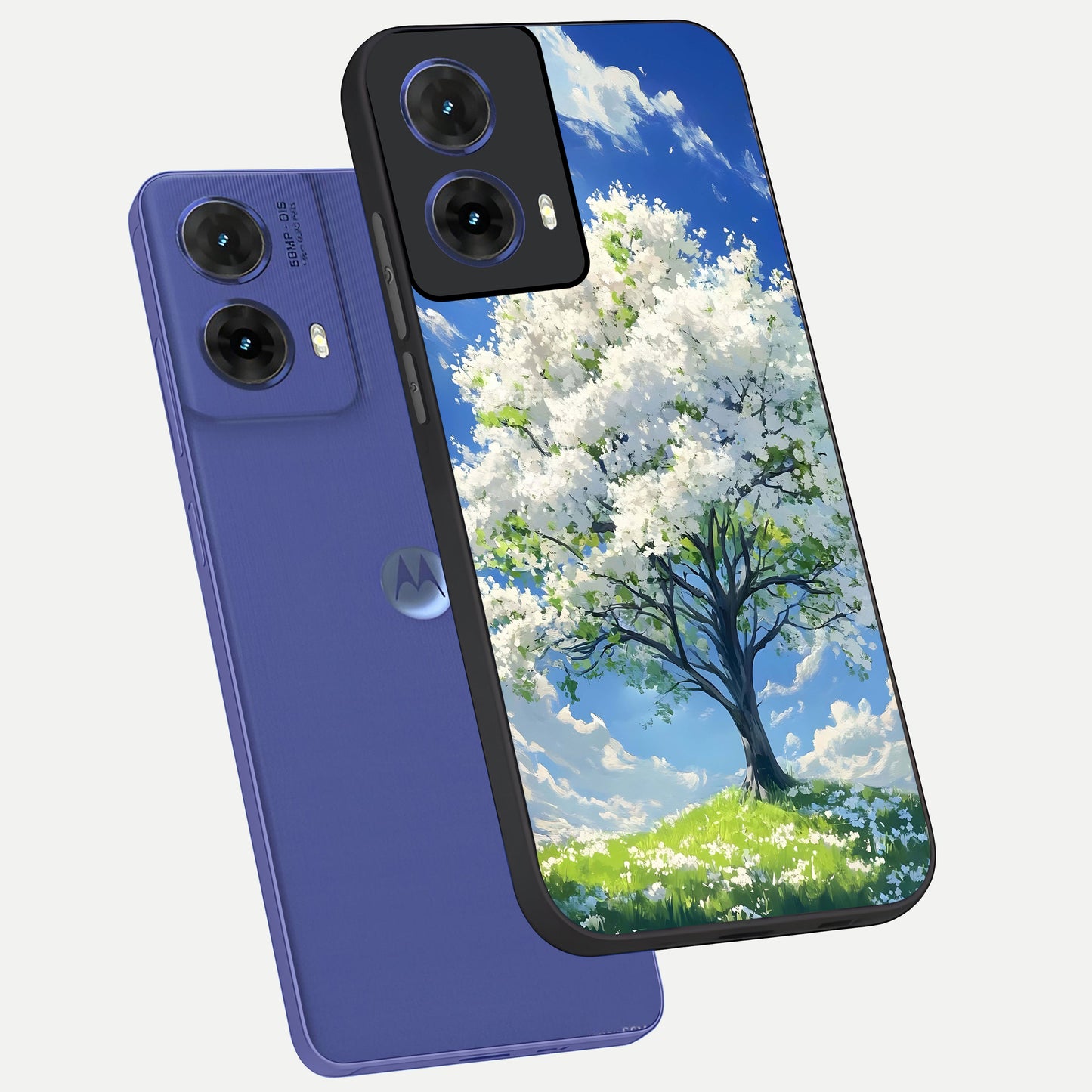  Blossom Sky Serenity phone case For Moto G85 showing premium glass back cover with detailed artwork