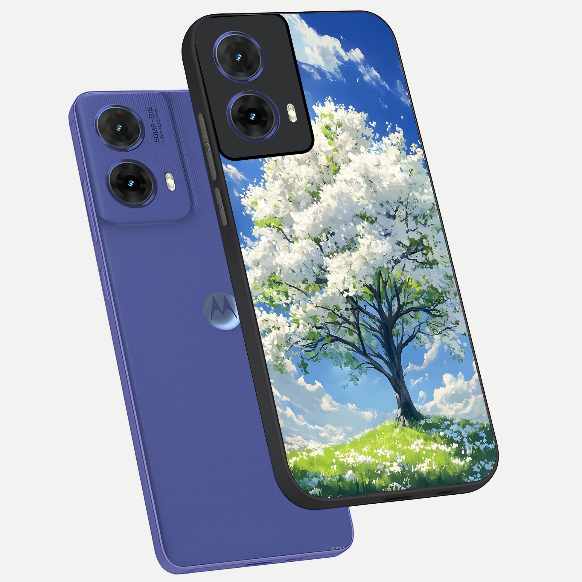  Blossom Sky Serenity phone case For Moto G85 showing premium glass back cover with detailed artwork