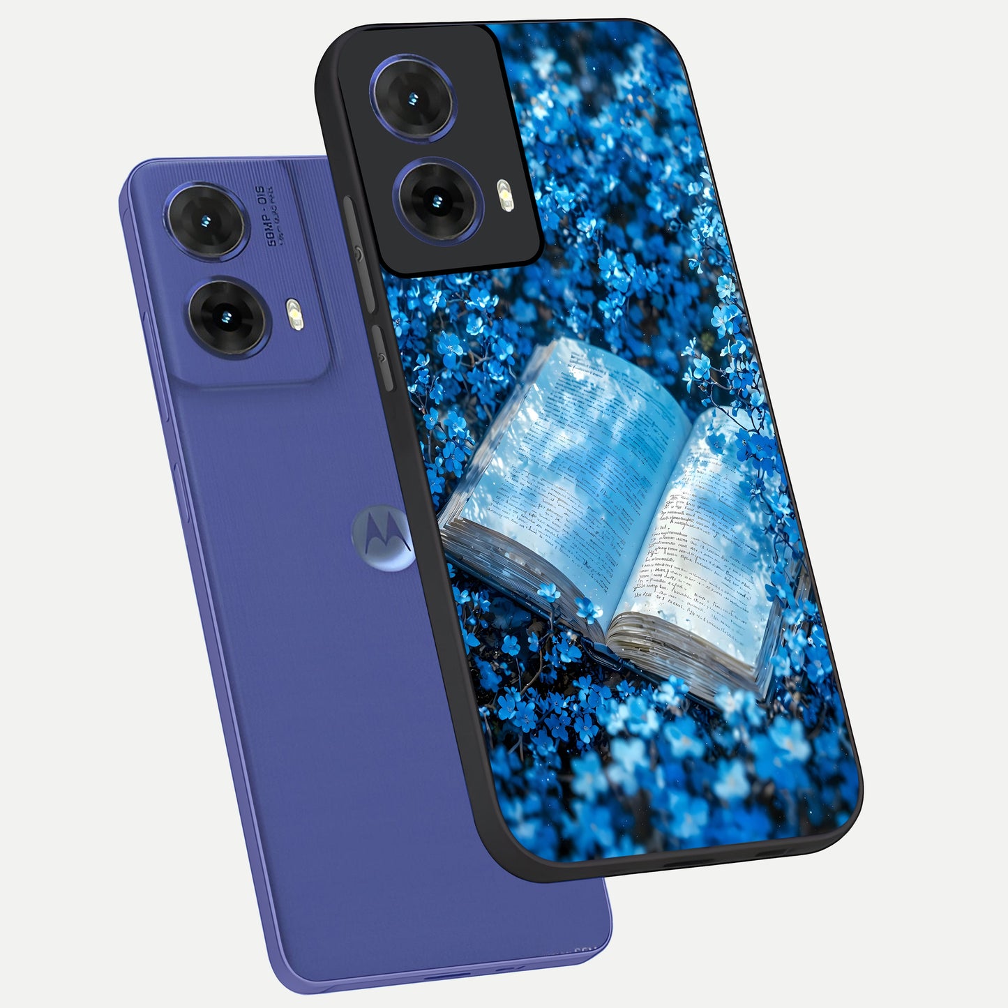  Blue Bloom Tales phone case For Moto G85 showing premium glass back cover with detailed artwork