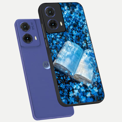  Blue Bloom Tales phone case For Moto G85 showing premium glass back cover with detailed artwork