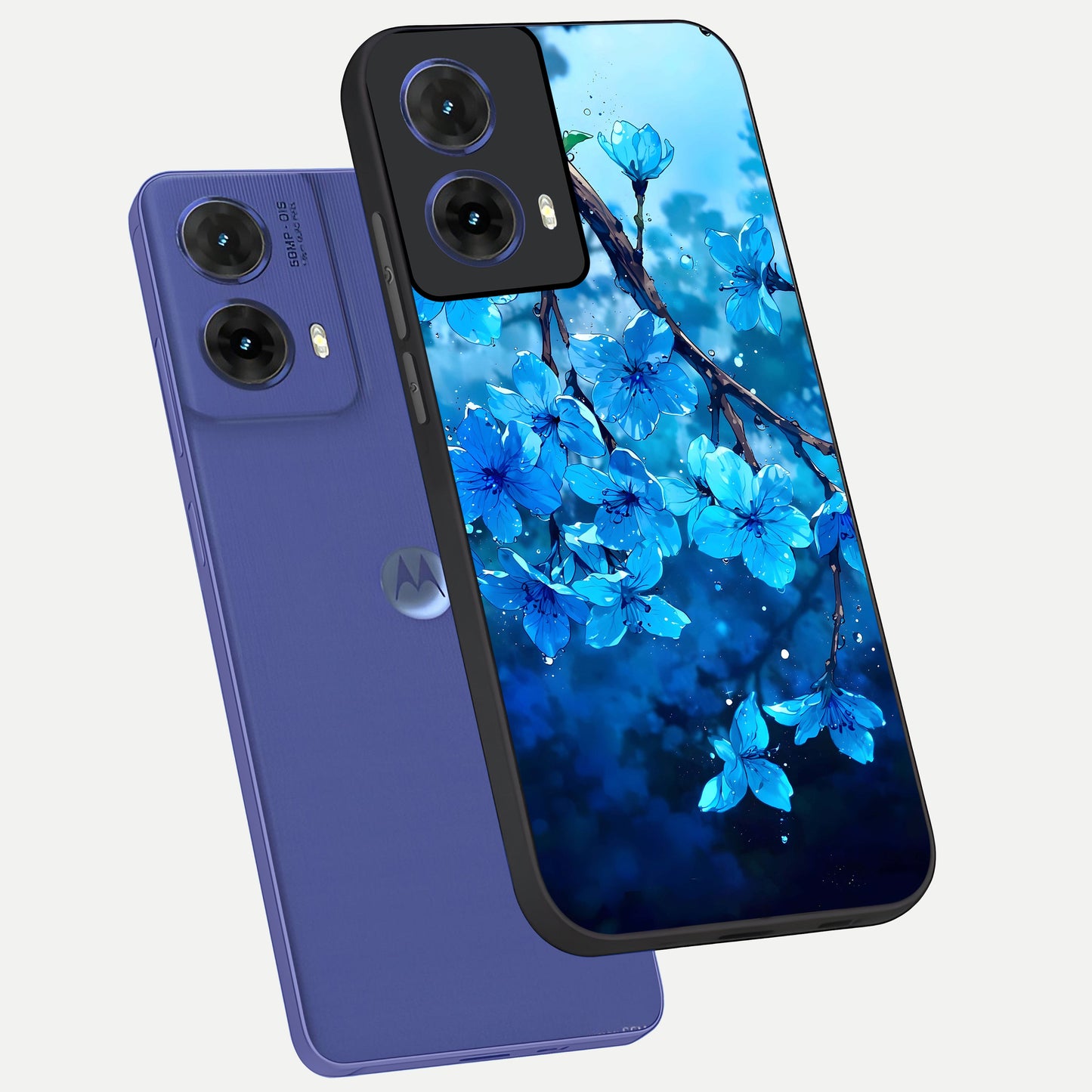  Blue Blossoms Branch phone case For Moto G85 showing premium glass back cover with detailed artwork