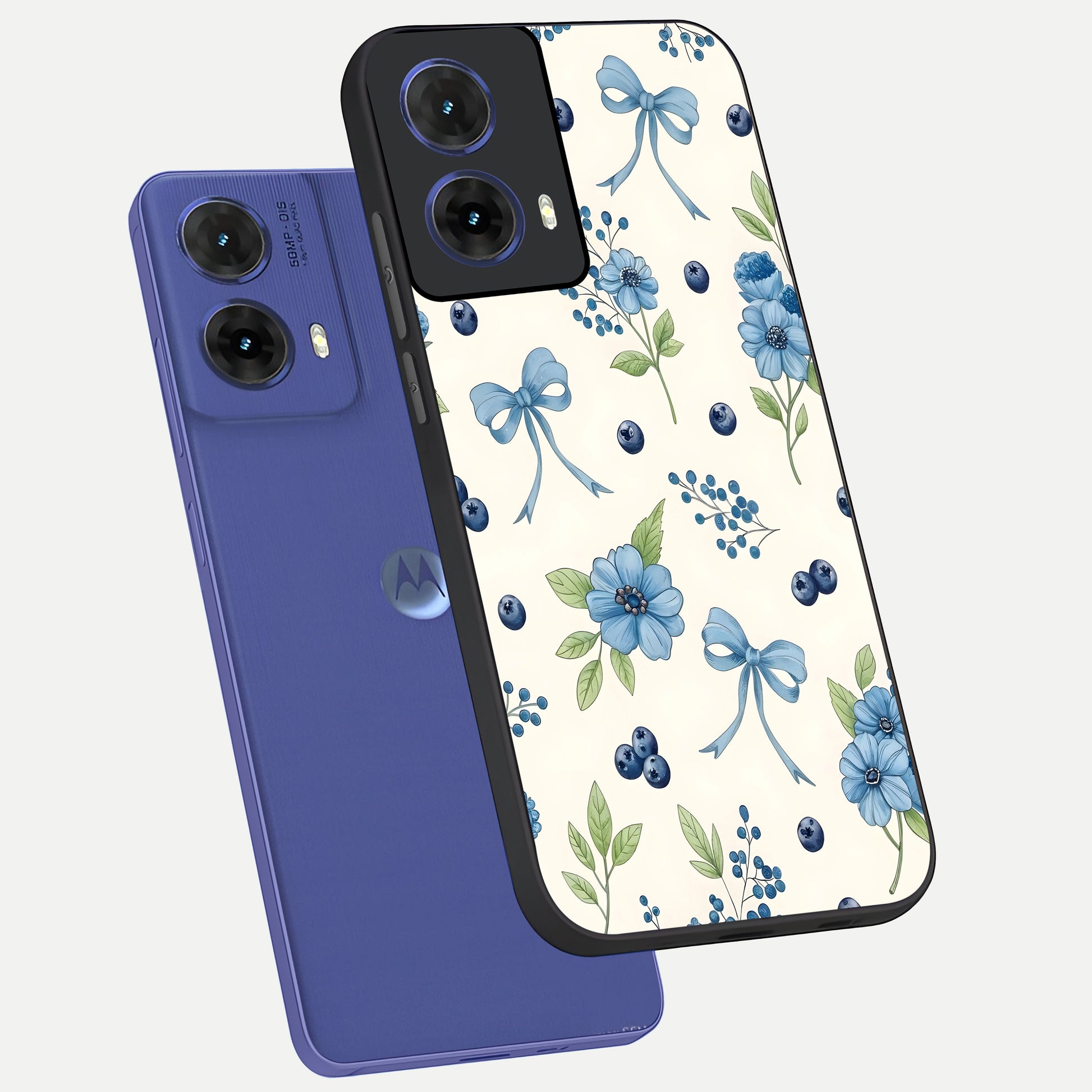  Blue Flower And Bow phone case For Moto G85 showing premium glass back cover with detailed artwork