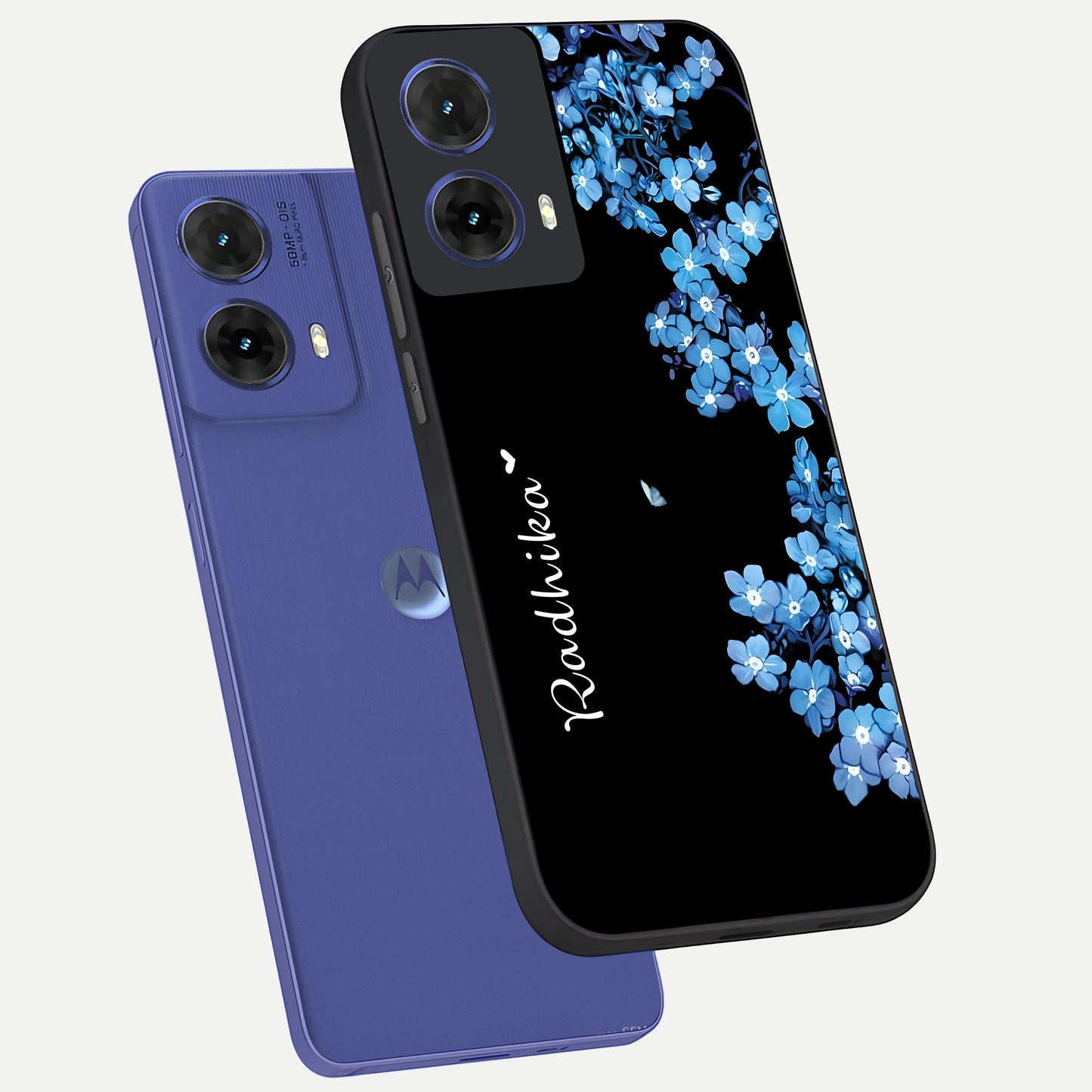  Blue Petal Dream Custom Name phone case For Moto G85 showing premium glass back cover with detailed artwork