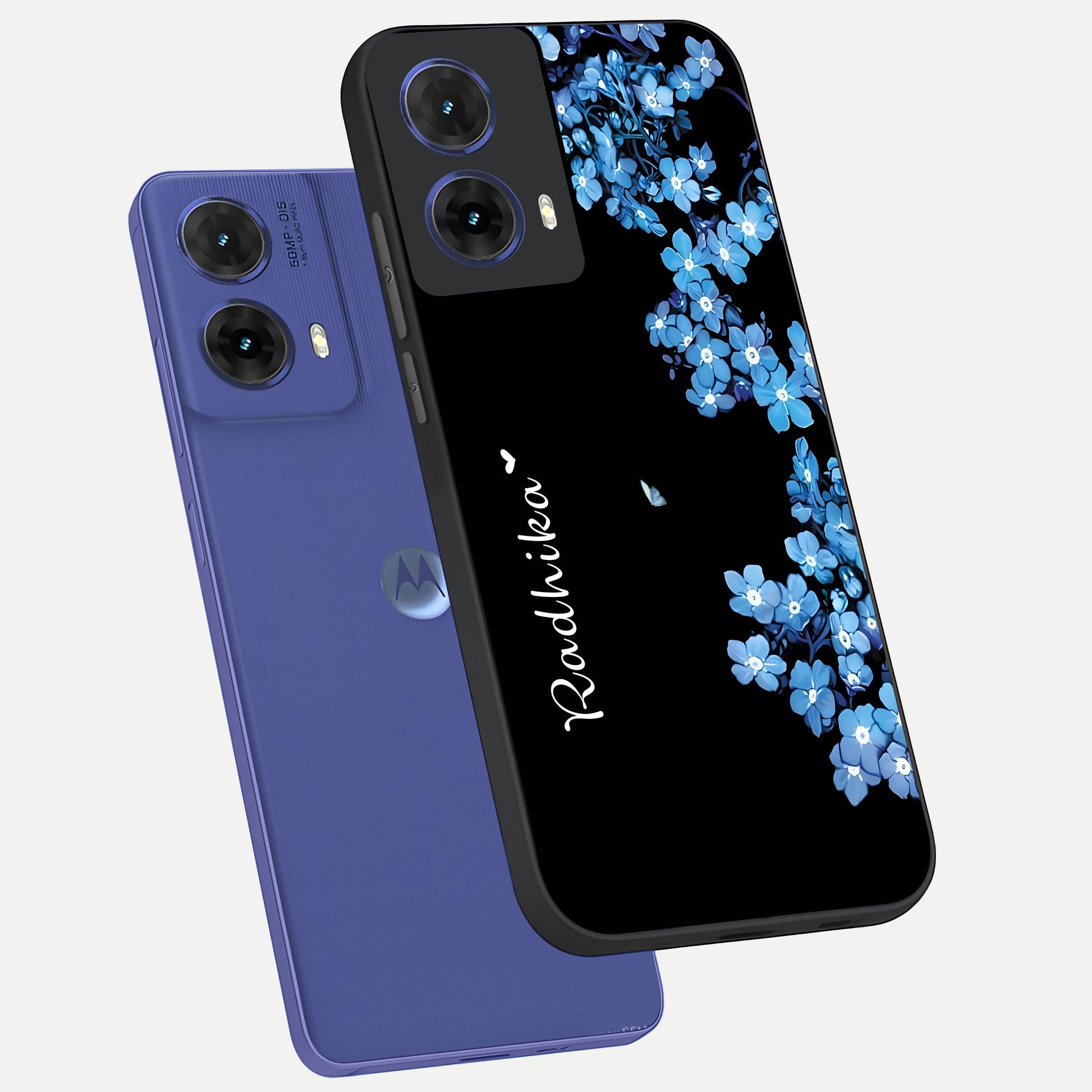  Blue Petal Dream Custom Name phone case For Moto G85 showing premium glass back cover with detailed artwork