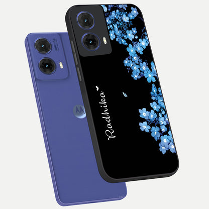  Blue Petal Dream Custom Name phone case For Moto G85 showing premium glass back cover with detailed artwork