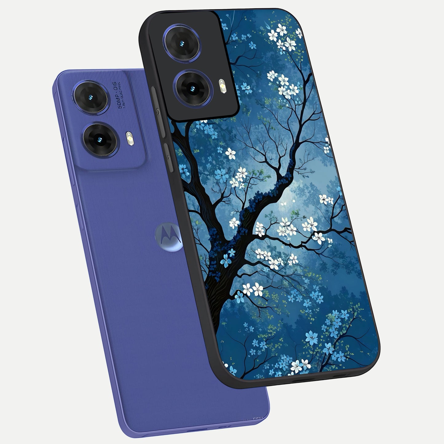  Blue Tree Serenity phone case For Moto G85 showing premium glass back cover with detailed artwork
