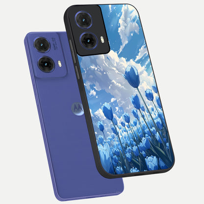 Blue Tulip Clouds phone case For Moto G85 showing premium glass back cover with detailed artwork
