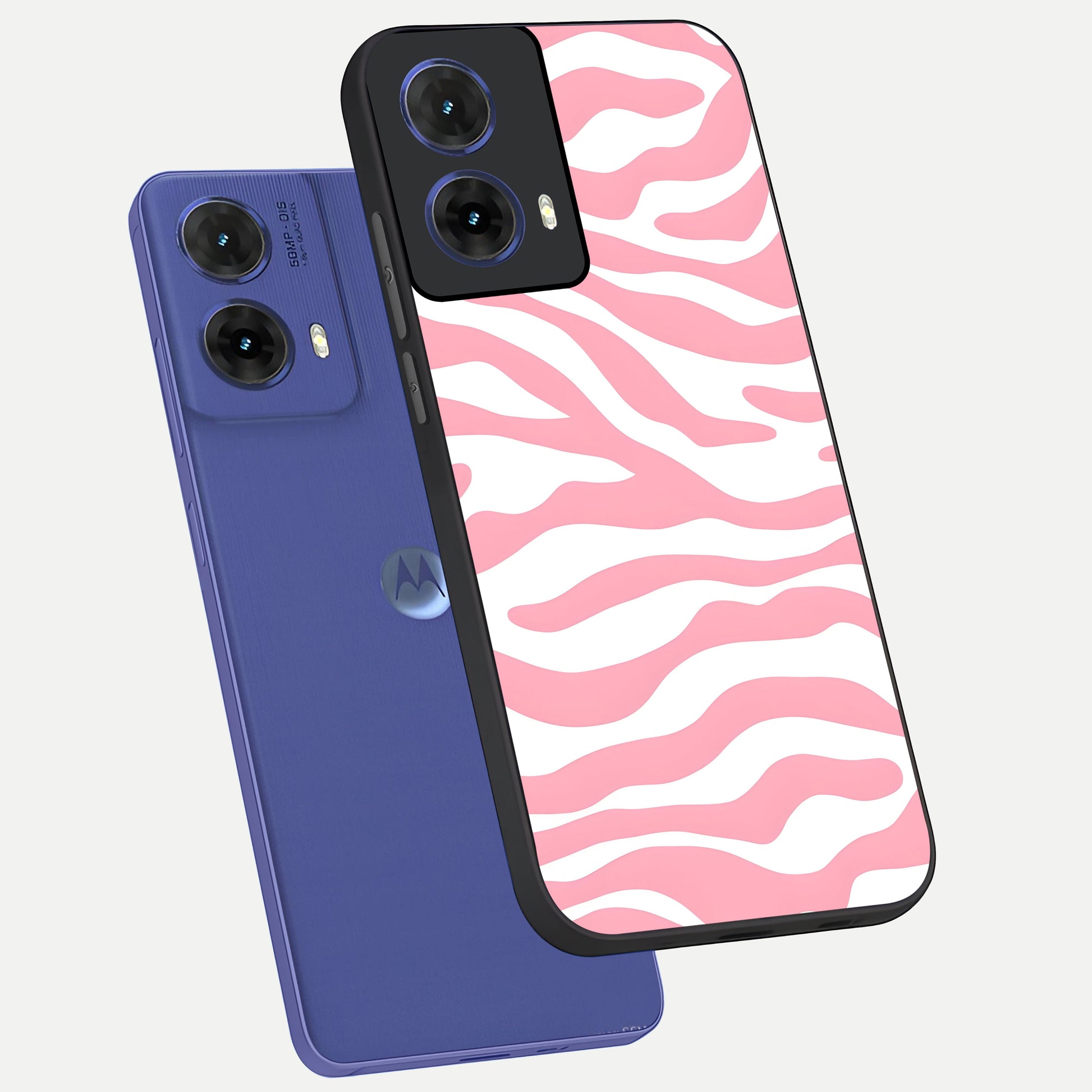  Blush Zebra Flow phone case For Moto G85 showing premium glass back cover with detailed artwork