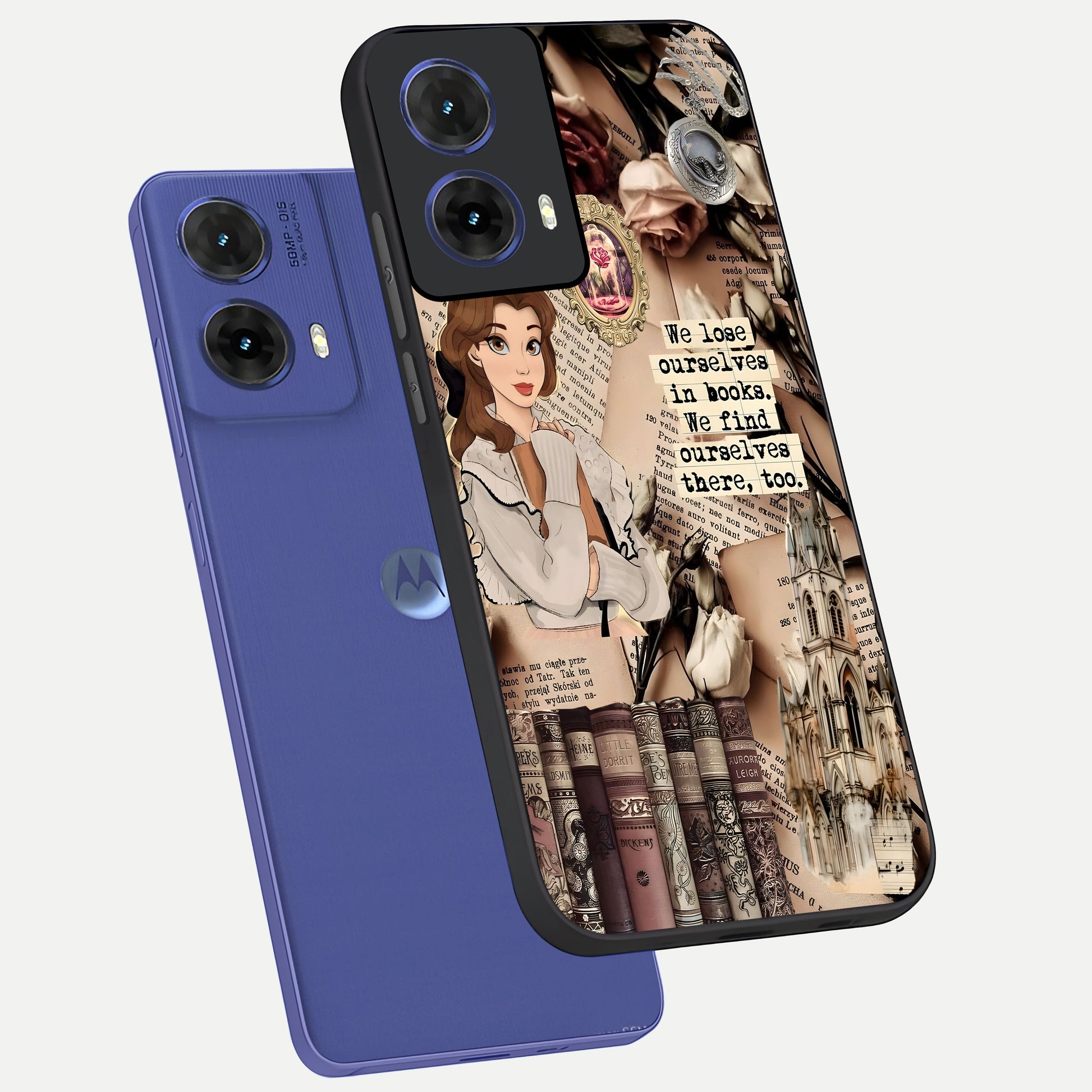  Bookish Dream World phone case For Moto G85 showing premium glass back cover with detailed artwork