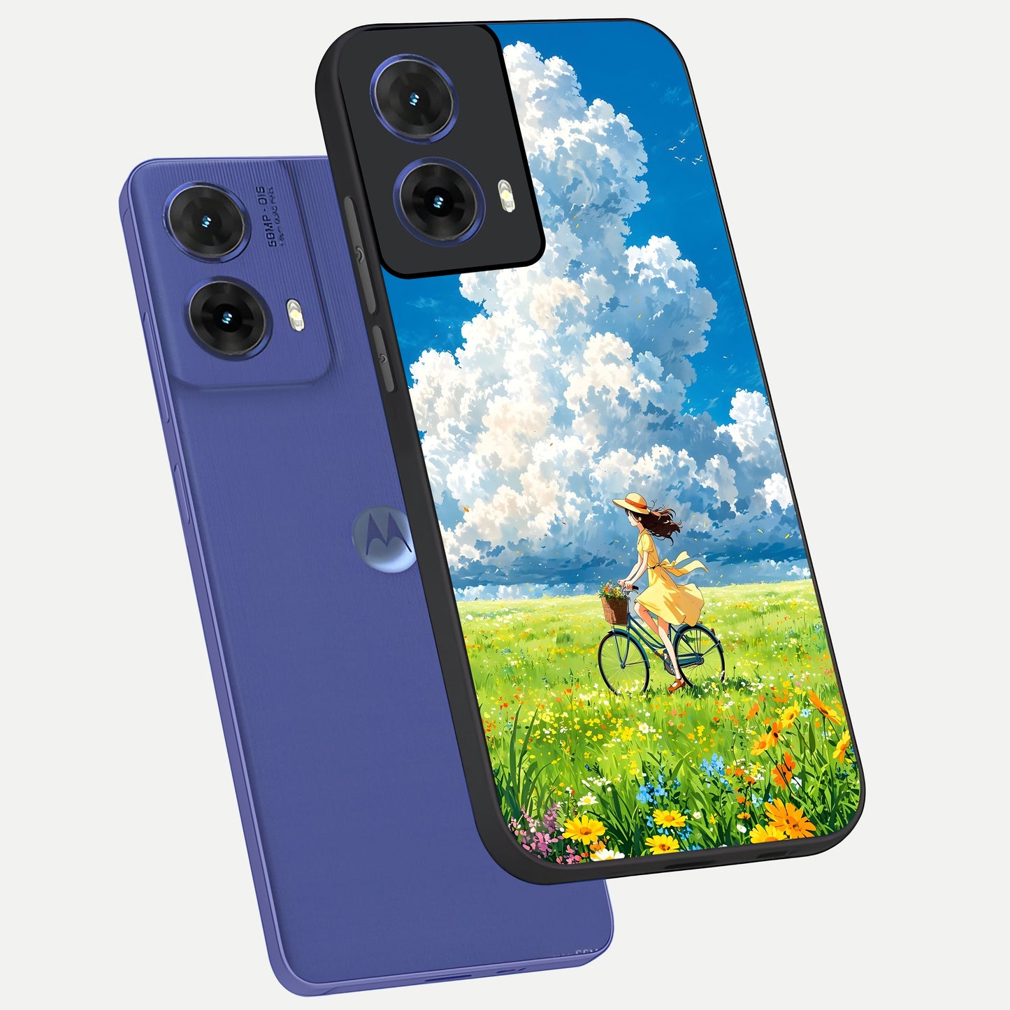  Breezy Meadow Ride phone case For Moto G85 showing premium glass back cover with detailed artwork