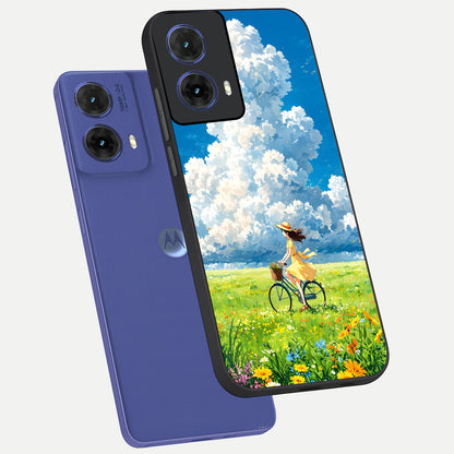  Breezy Meadow Ride phone case For Moto G85 showing premium glass back cover with detailed artwork