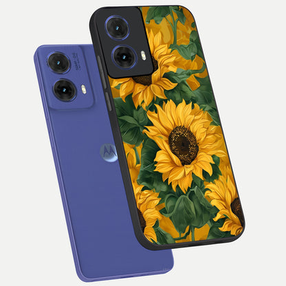  Bright Sunflower Bloom phone case For Moto G85 showing premium glass back cover with detailed artwork