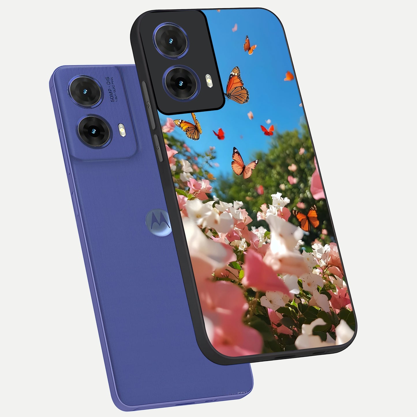  Butterflies In Bloom Sky phone case For Moto G85 showing premium glass back cover with detailed artwork