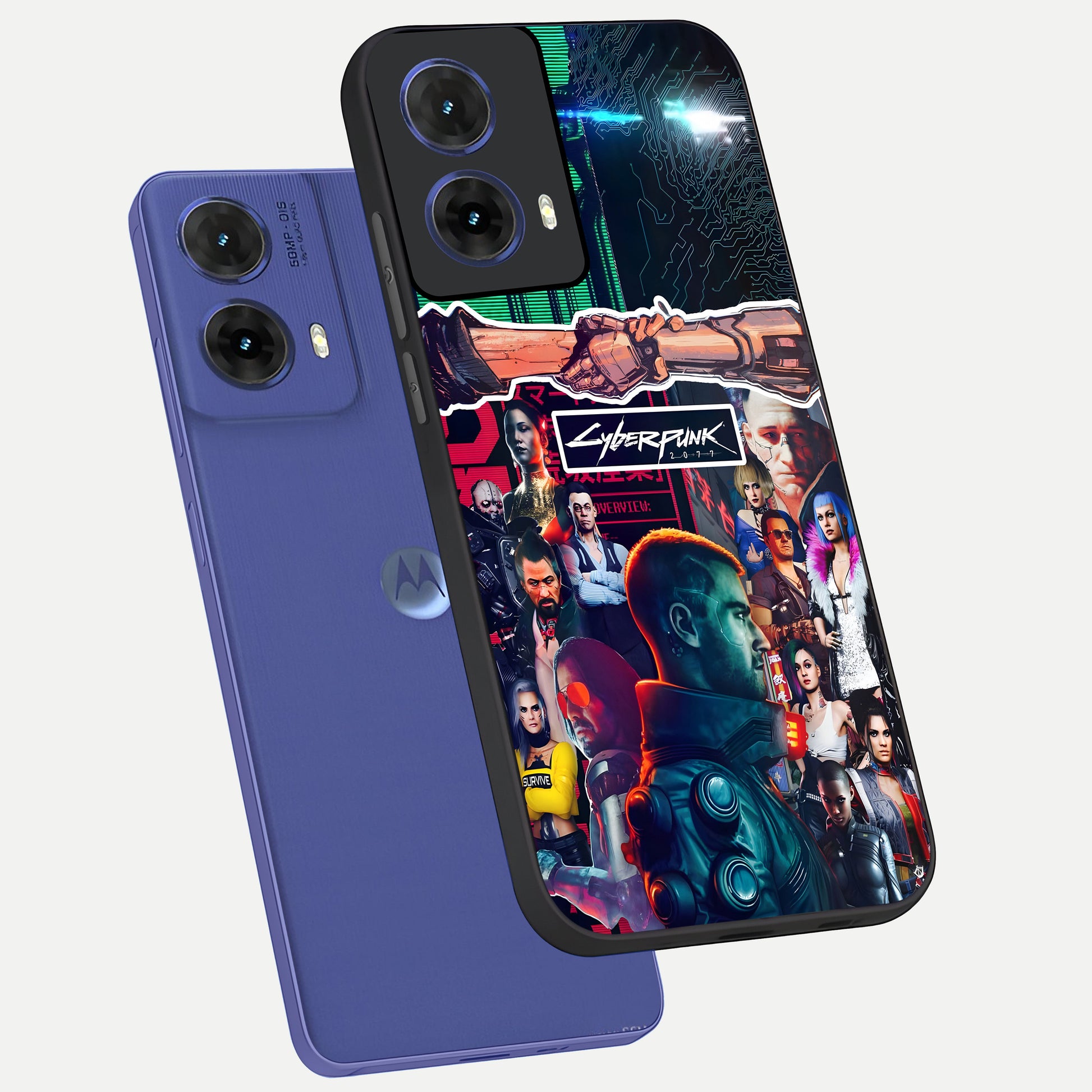  CYBERPUNK Legacy phone case For Moto G85 showing premium glass back cover with detailed artwork