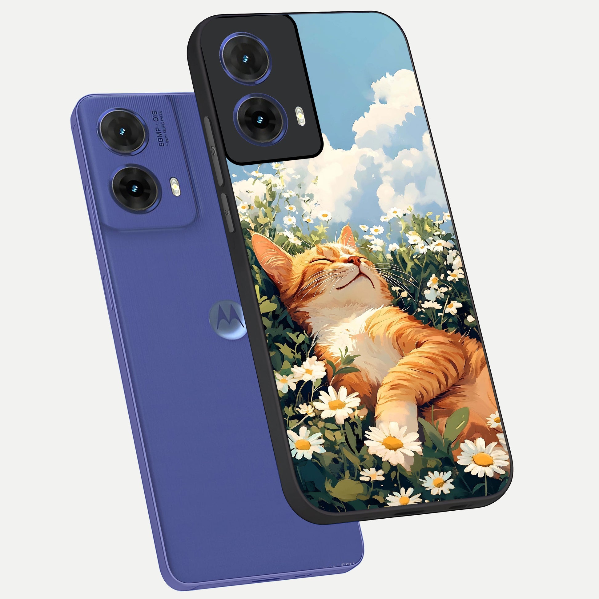  Cat And Flowers View phone case For Moto G85 showing premium glass back cover with detailed artwork