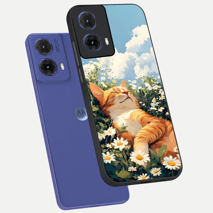  Cat And Flowers View phone case For Moto G85 showing premium glass back cover with detailed artwork