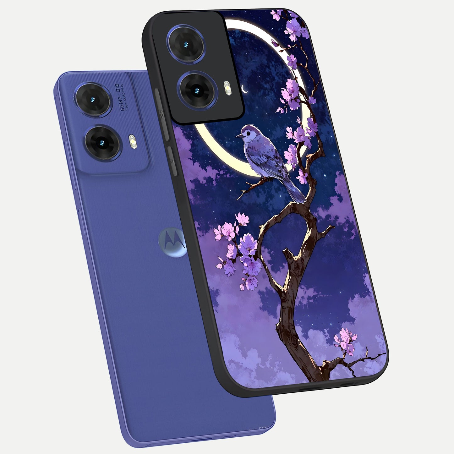  Celestial Bird Blossom phone case For Moto G85 showing premium glass back cover with detailed artwork