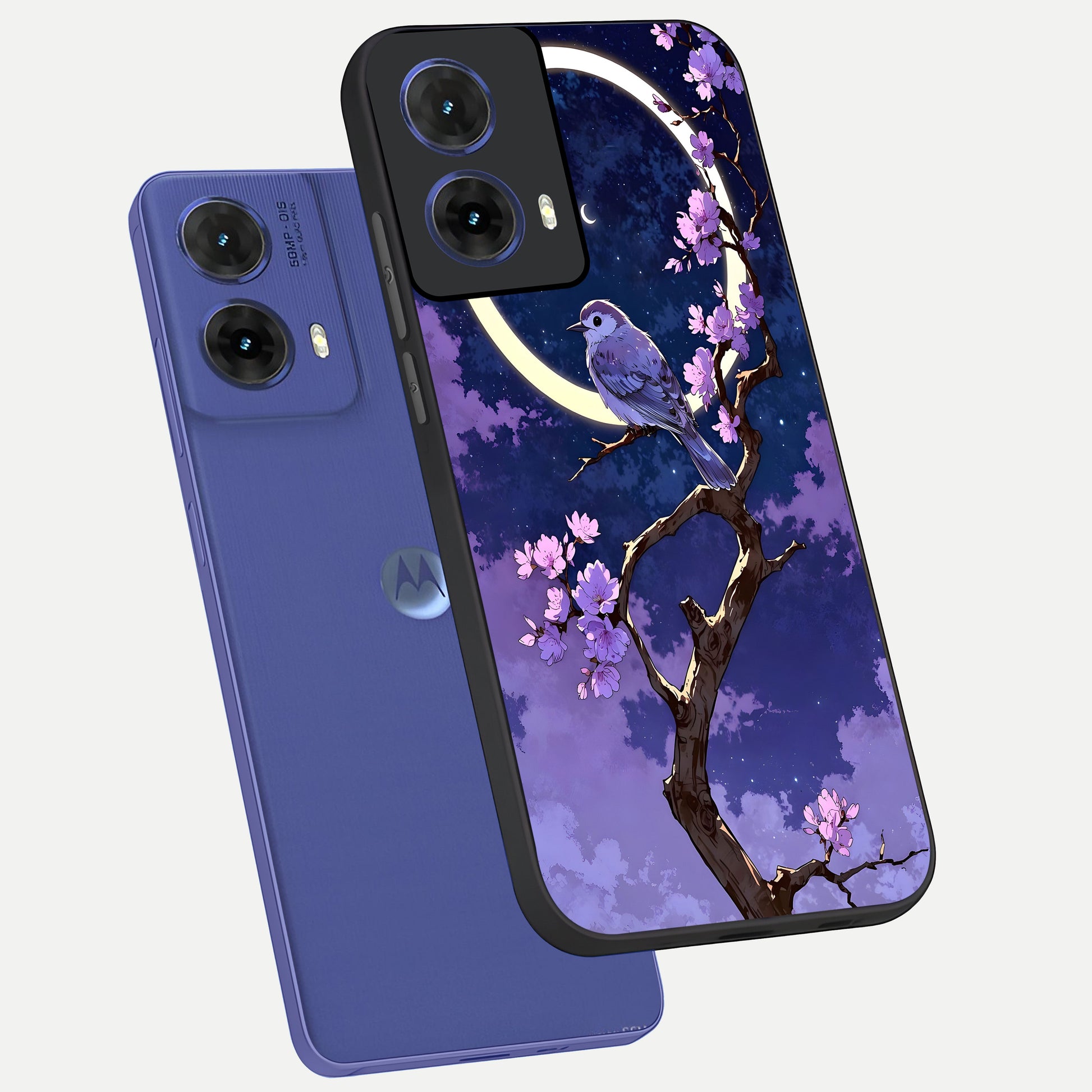  Celestial Bird Blossom phone case For Moto G85 showing premium glass back cover with detailed artwork