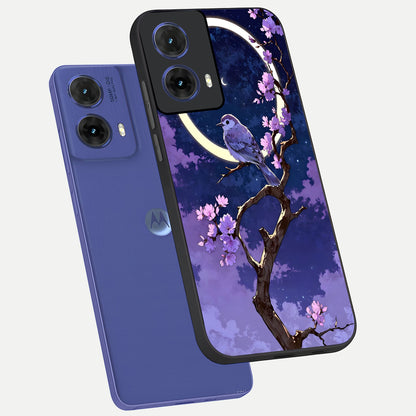  Celestial Bird Blossom phone case For Moto G85 showing premium glass back cover with detailed artwork