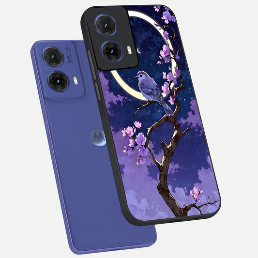  Celestial Bird Blossom phone case For Moto G85 showing premium glass back cover with detailed artwork