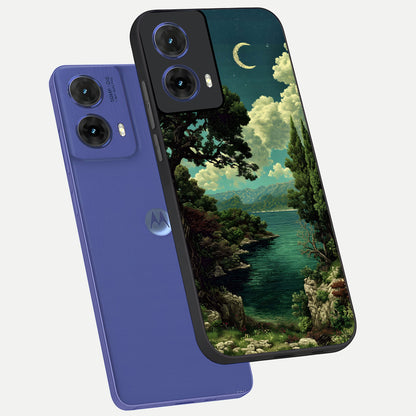  Celestial Lake Peace phone case For Moto G85 showing premium glass back cover with detailed artwork