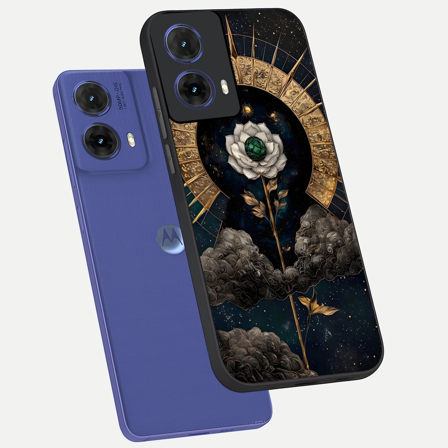 Celestial Lotus Morang phone case For Moto G85 showing premium glass back cover with detailed artwork