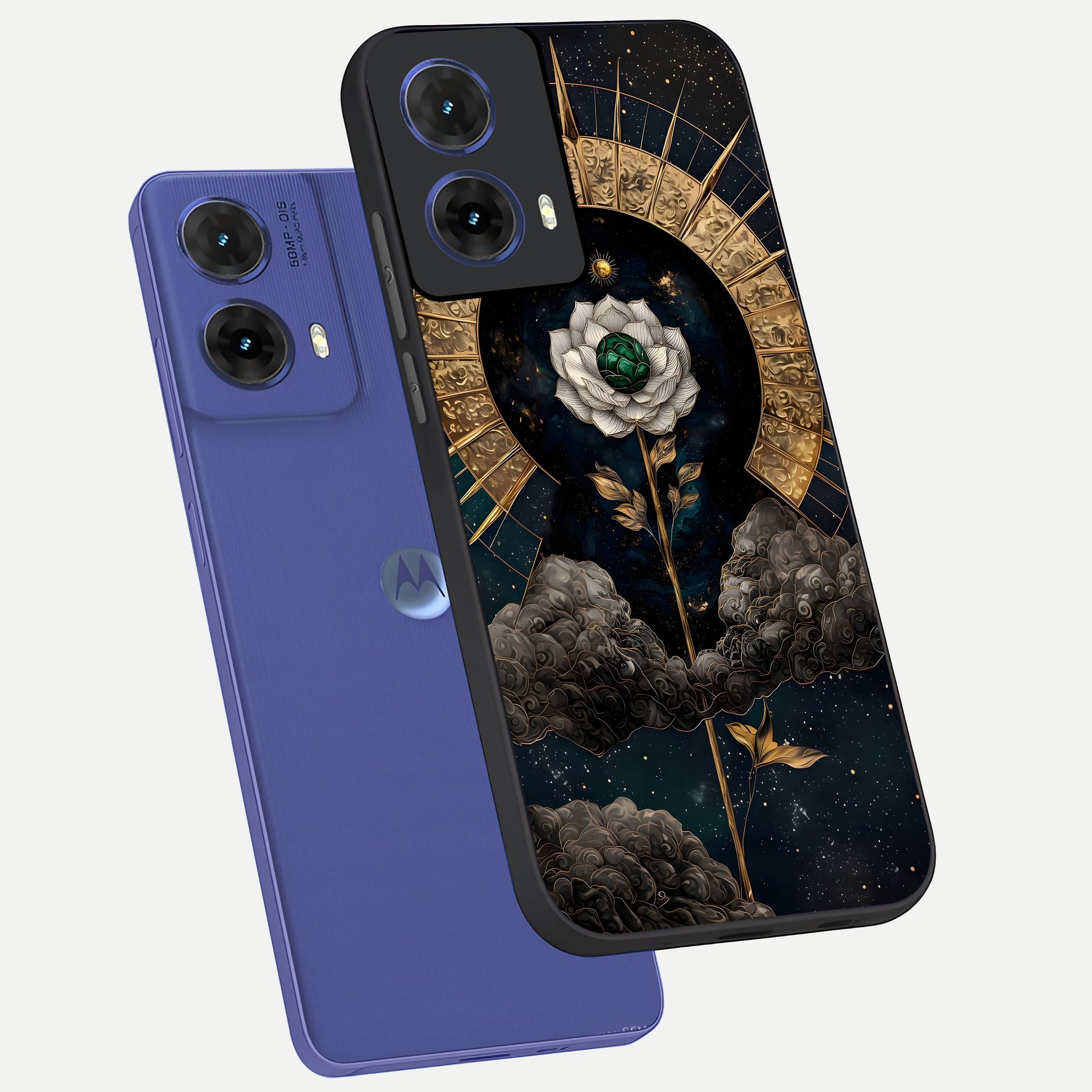  Celestial Lotus Morang phone case For Moto G85 showing premium glass back cover with detailed artwork