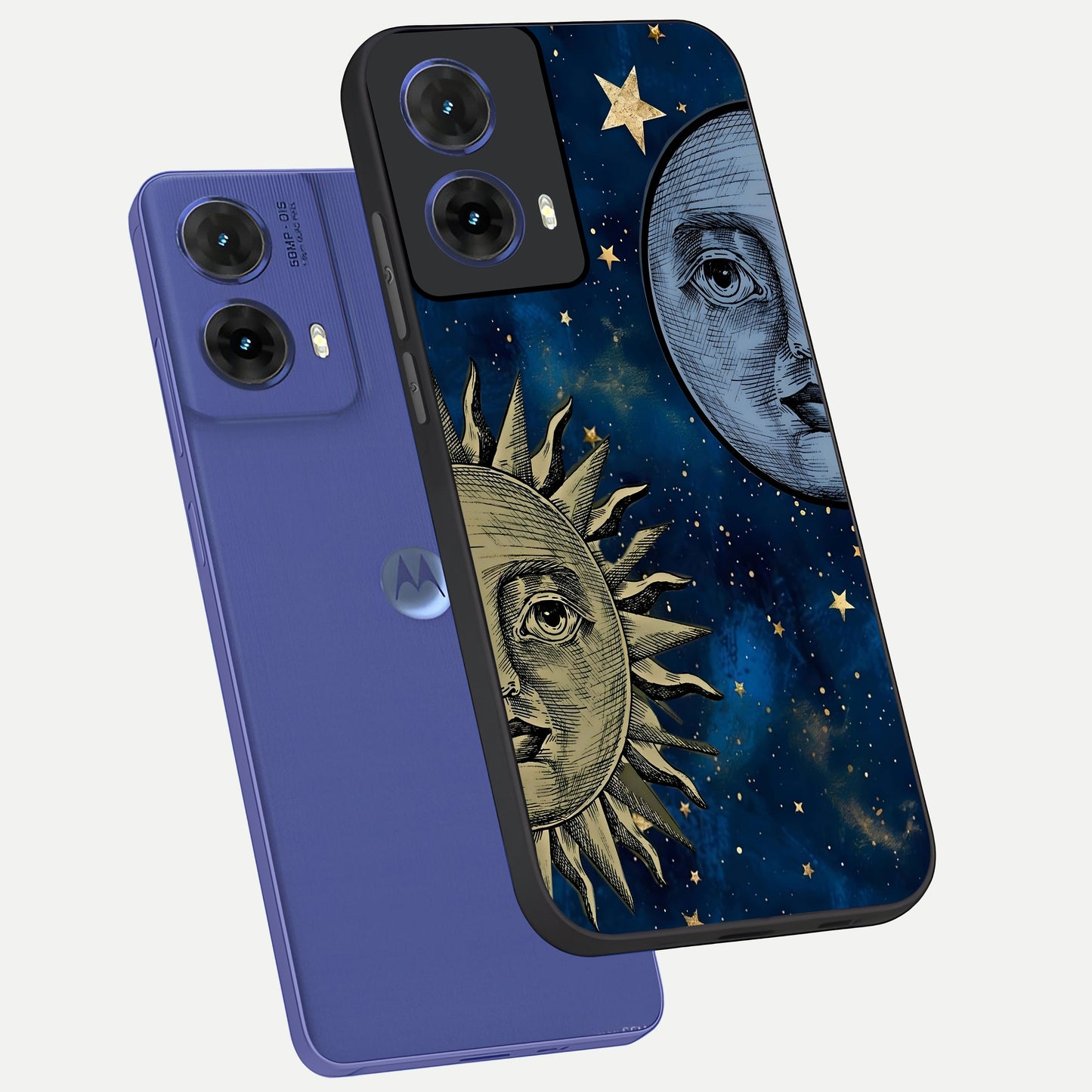  Celestial Moon With Sun phone case For Moto G85 showing premium glass back cover with detailed artwork