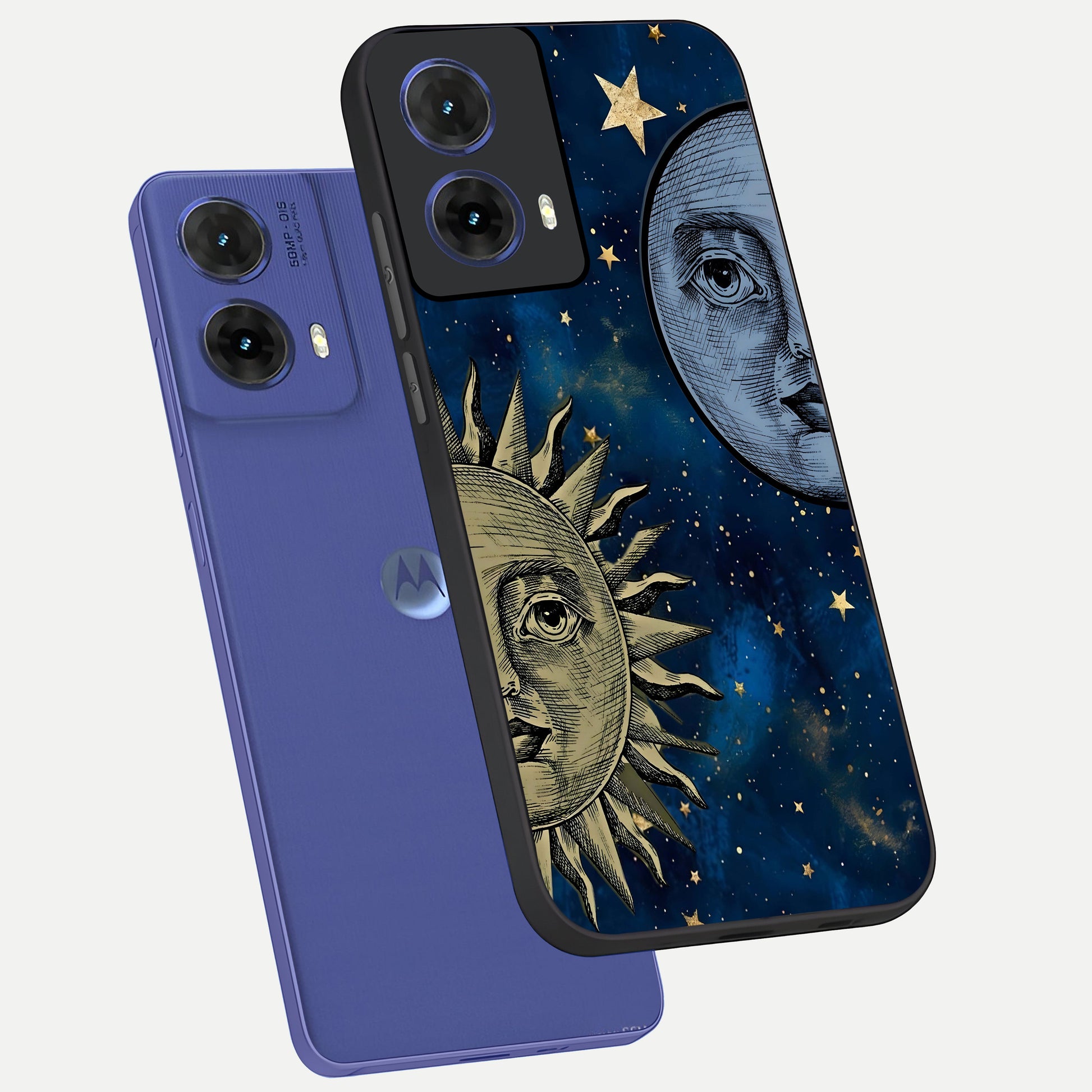  Celestial Moon With Sun phone case For Moto G85 showing premium glass back cover with detailed artwork