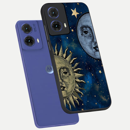  Celestial Moon With Sun phone case For Moto G85 showing premium glass back cover with detailed artwork