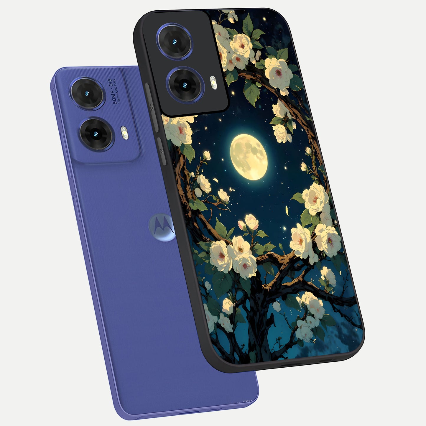  Celestial Moon And Flower phone case For Moto G85 showing premium glass back cover with detailed artwork