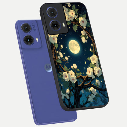  Celestial Moon And Flower phone case For Moto G85 showing premium glass back cover with detailed artwork
