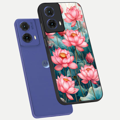  Celestial Pink Lotus phone case For Moto G85 showing premium glass back cover with detailed artwork