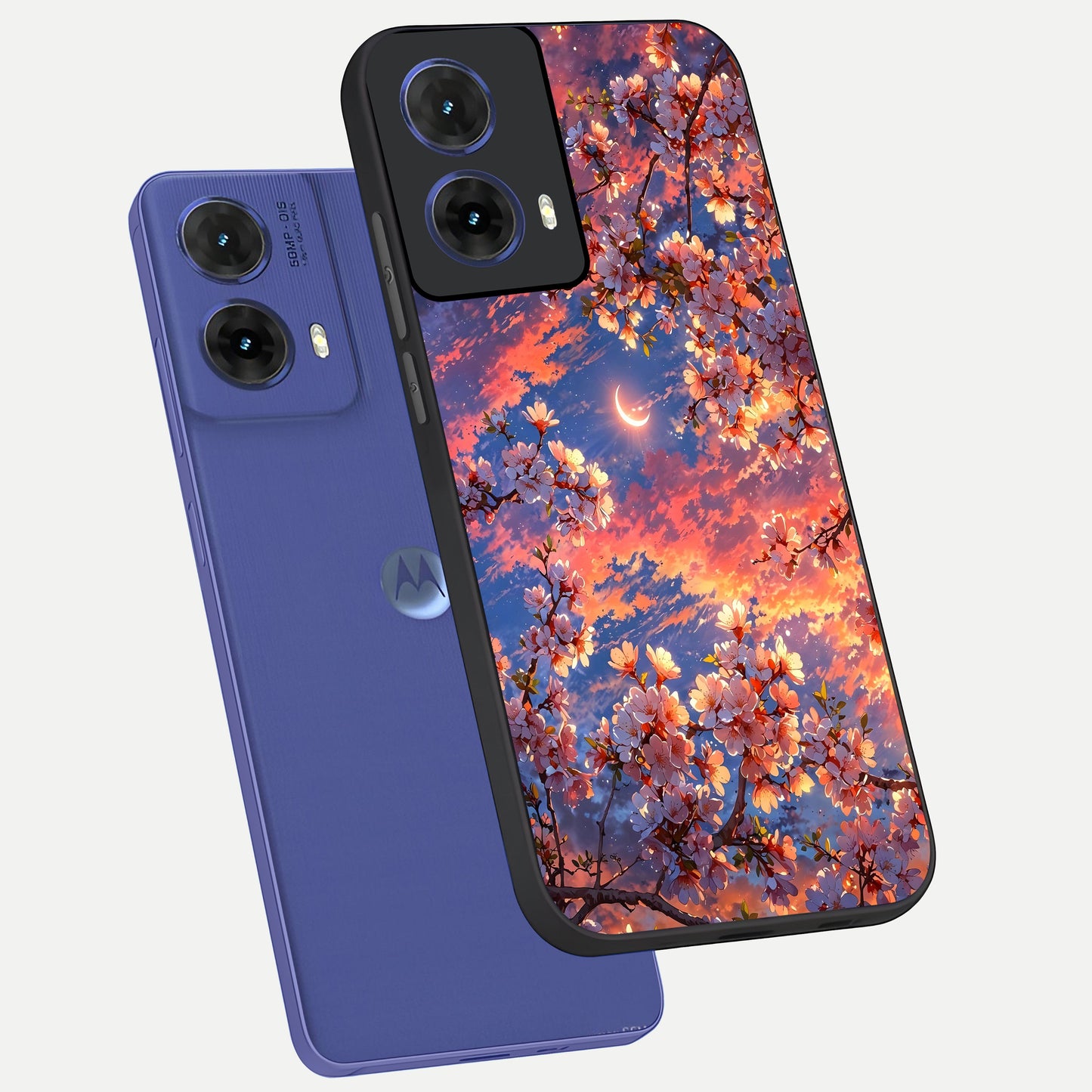  Celestial Sakura Sunset phone case For Moto G85 showing premium glass back cover with detailed artwork